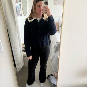 Navy Cable Knit Cardigan with White Collar